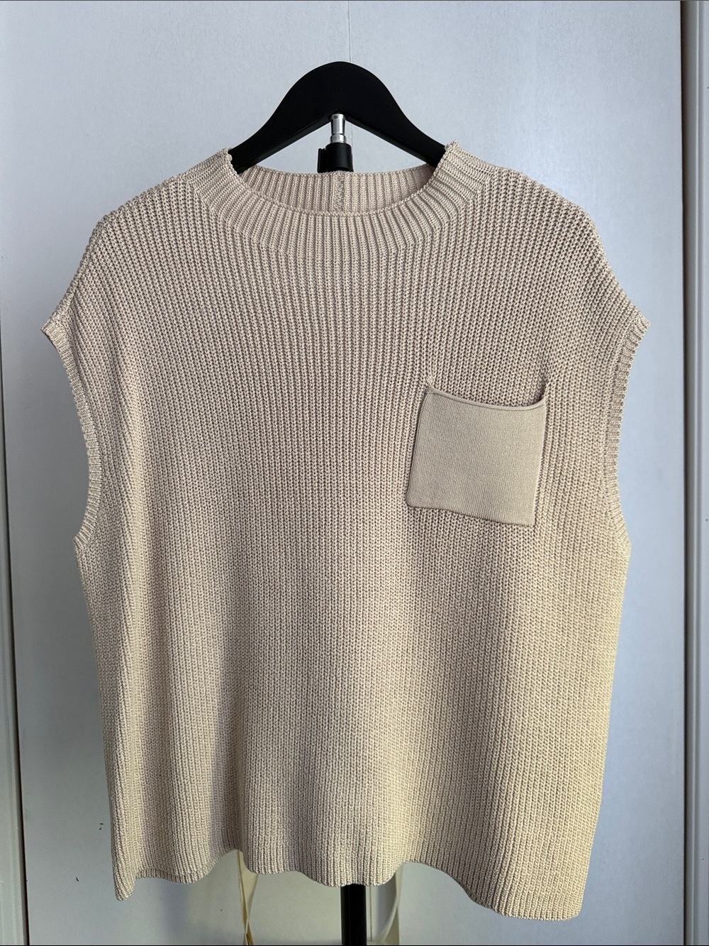 Women’s Cream Knit Sleeveless Sweater with Chest Pocket